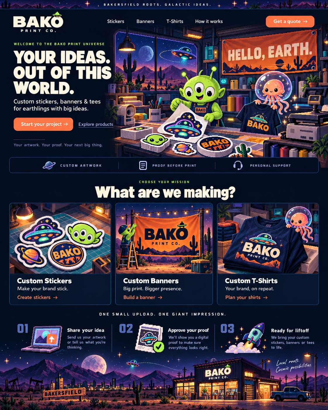 Bako's three-eyed alien and floating jellyfish working in a colorful intergalactic print shop